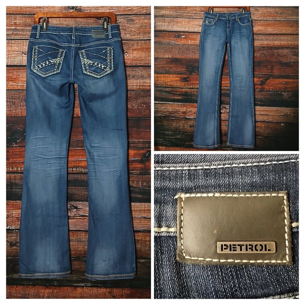 Petrol Y2K Jeans 27 Bobbi Boot Cut Low Rise Rhinestone Blue Denim Distressed